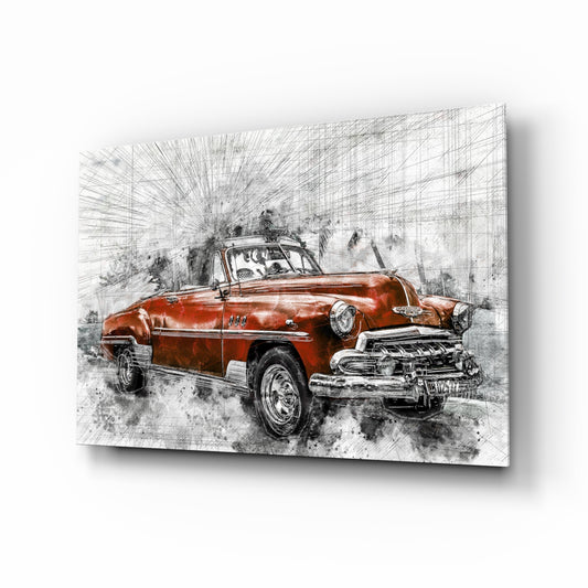 Red Vintage Muscle Car Glass Wall Art