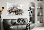 Red Chevrolet glass wall art styled above a console in a garage-mood man-cave