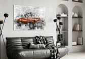 Red Chevrolet glass wall art styled above a console in a garage-mood man-cave