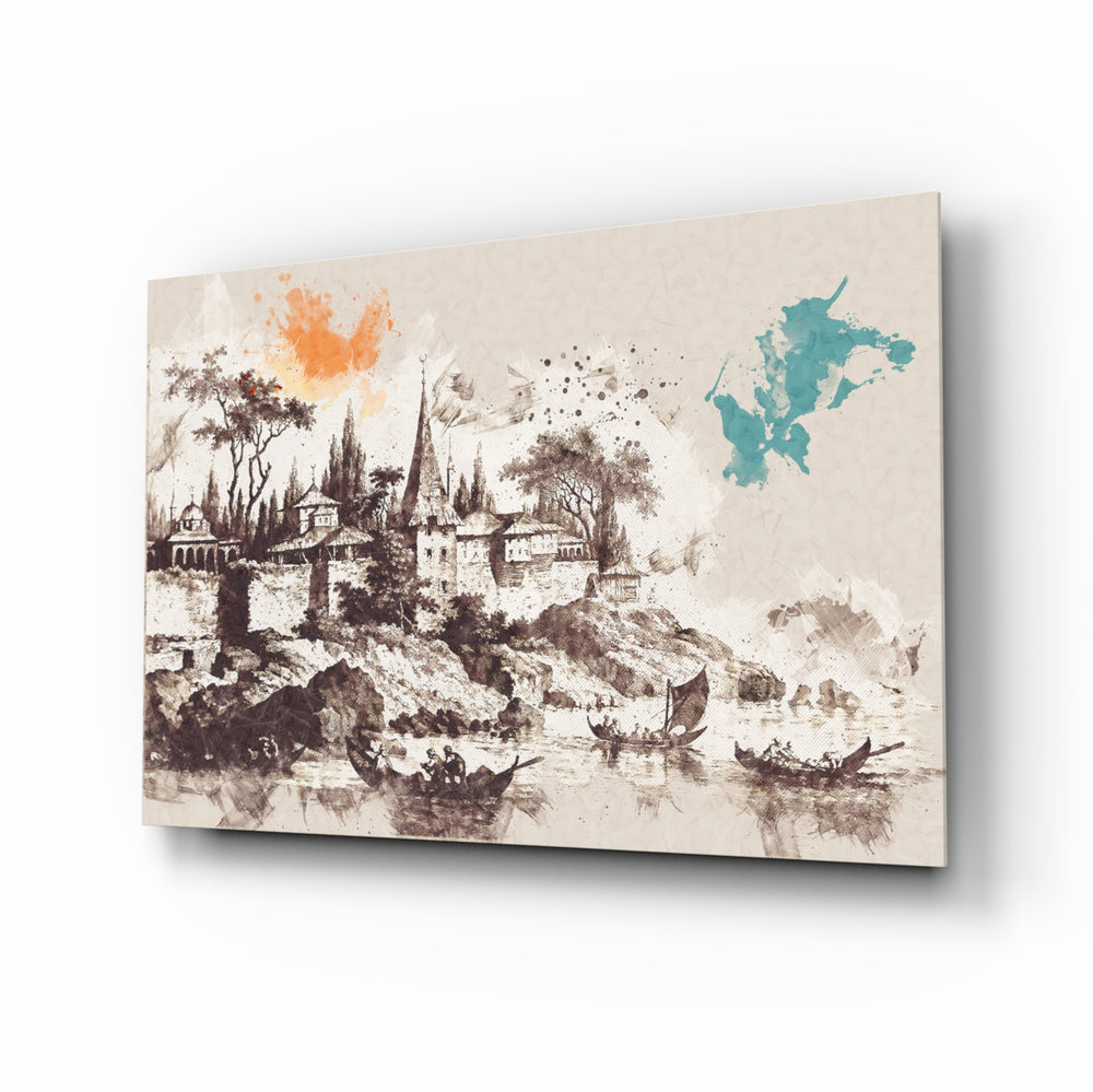 Poplar Palace Illustration glass wall art displayed above a console in a designer interior