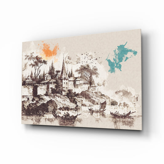 Poplar Palace Illustration glass wall art displayed above a console in a designer interior