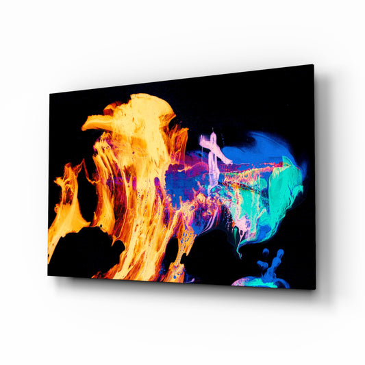 Flames glass wall art displayed above a console in a designer interior