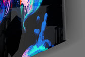 Flames artwork anchoring a wall with bold dramatic palette