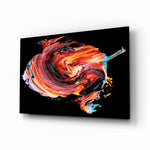 Dance of Red glass wall art displayed above a console in a designer interior