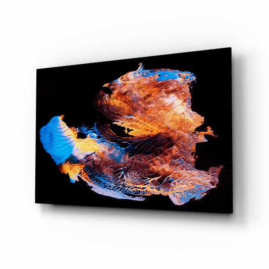 Abstract Stamps glass wall art displayed above a console in a designer interior