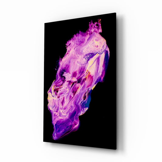 Abstract Purple glass wall art displayed above a console in a designer interior