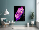 Abstract Purple glass wall art styled above a vanity in a powder room