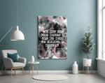 Angelou Words glass wall art styled above a desk in an executive-mood study
