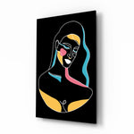 Abstract Colorful Portrait glass wall art displayed above a console in a designer interior
