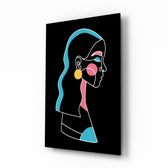 Abstract Colorful Portrait glass wall art displayed above a console in a designer interior