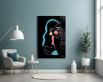 Abstract Colorful Portrait glass wall art styled above a vanity in a powder room