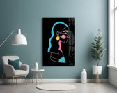 Abstract Colorful Portrait glass wall art styled above a vanity in a powder room