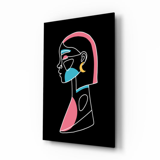 Abstract Colorful Portrait glass wall art displayed above a console in a designer interior