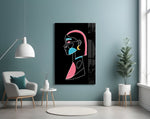 Abstract Colorful Portrait glass wall art styled above a vanity in a powder room
