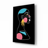 Abstract Colorful Portrait glass wall art displayed above a console in a designer interior