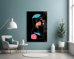 Abstract Colorful Portrait glass wall art styled above a vanity in a powder room