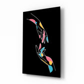 Abstract Colorful Hands glass wall art displayed above a console in a designer interior