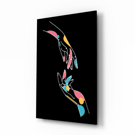 Abstract Colorful Hands glass wall art displayed above a console in a designer interior