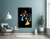 Abstract Colorful Portrait glass wall art styled above a vanity in a powder room