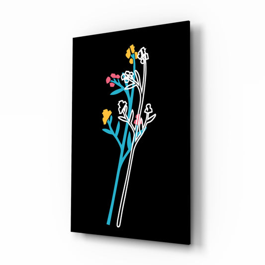 Abstract Colorful Flowers glass wall art displayed above a console in a designer interior