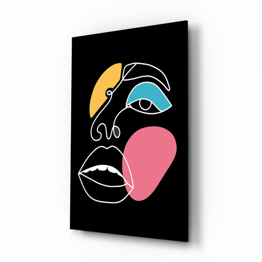 Abstract Colorful Face glass wall art displayed above a console in a designer interior