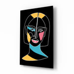 Abstract Colorful Portrait glass wall art displayed above a console in a designer interior