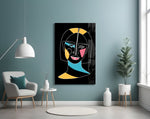 Abstract Colorful Portrait glass wall art styled above a vanity in a powder room
