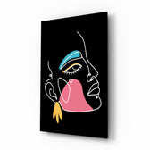 Abstract Colorful Portrait glass wall art displayed above a console in a designer interior