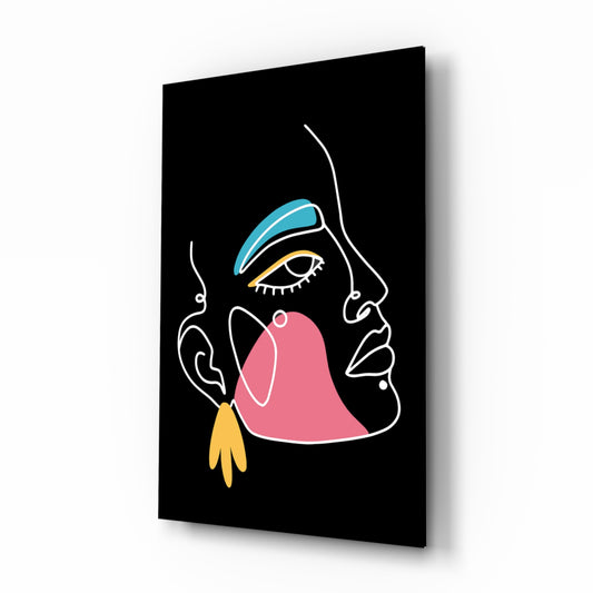Abstract Colorful Portrait glass wall art displayed above a console in a designer interior