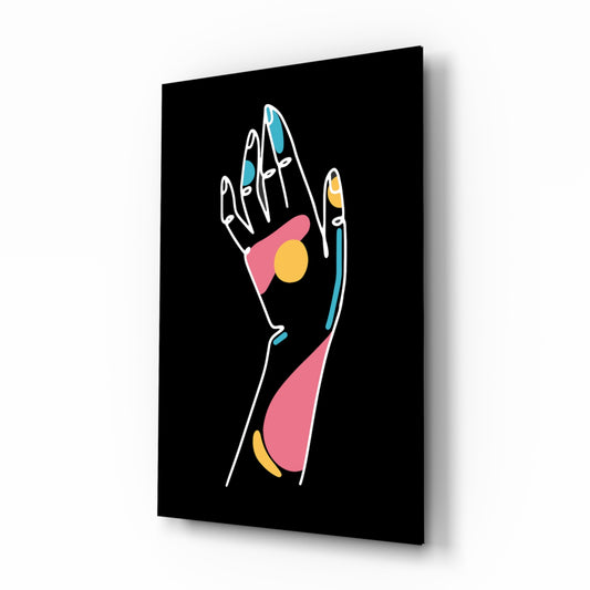 Abstract Colorful Hand glass wall art displayed above a console in a designer interior