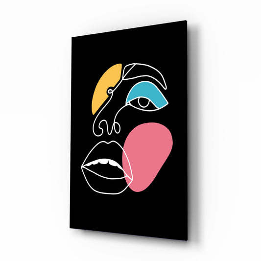 Abstract Colorful Face glass wall art displayed above a console in a designer interior