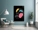 Abstract Colorful Face glass wall art styled above a vanity in a powder room