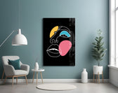 Abstract Colorful Face glass wall art styled above a vanity in a powder room