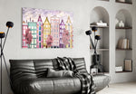 Fairy Tale City glass wall art styled above a bed in a storybook child's room