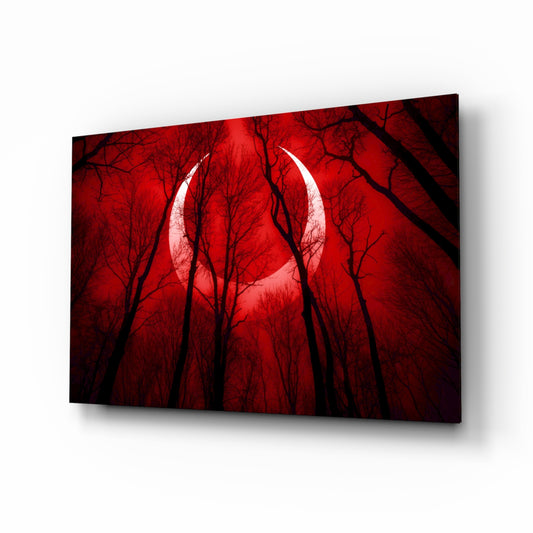 Red Sky glass wall art displayed above a console in a designer interior