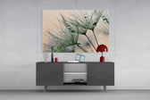 Green Dandelion panel catching soft light to reveal its dewdrop sparkle