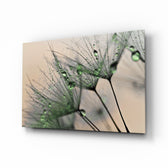 Green Dandelion glass wall art displayed above a console in a designer interior