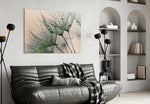 Green Dandelion glass wall art styled in a sunroom with botanical pulse
