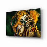 Clown glass wall art displayed above a console in a designer interior