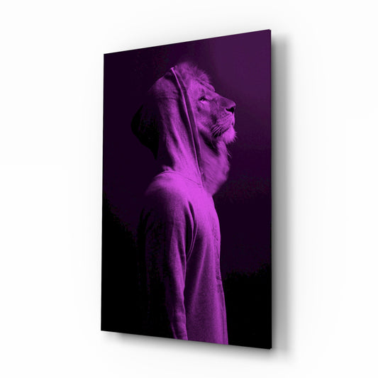 Purple Lion Head glass wall art displayed above a console in a designer interior