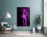 Purple Lion Head glass wall art styled above a desk in an introspective study