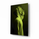 Green Lion Head glass wall art displayed above a console in a designer interior