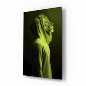 Green Lion Head glass wall art displayed above a console in a designer interior