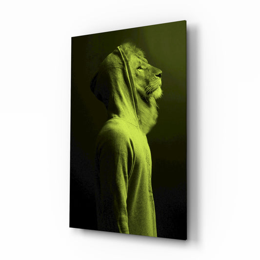 Green Lion Head glass wall art displayed above a console in a designer interior