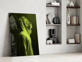 Green Lion Head glass print enhancing a man-cave with surreal flair