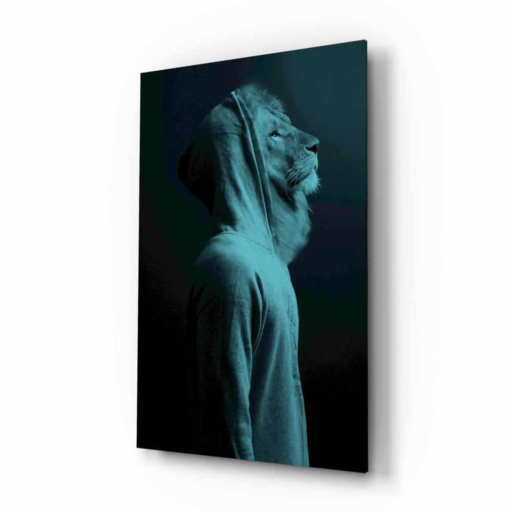 Blue Lion Head glass wall art displayed above a console in a designer interior