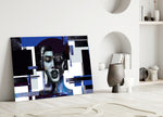 Close-up detail of dark lips among cobalt-and-silver cubist patches
