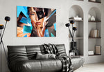 Effect Woman glass wall art styled above a vanity in a powder room