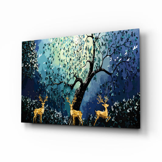 Golden Deers glass wall art displayed above a console in a designer interior