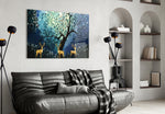 Golden Deers glass wall art styled above a bed in a fairy-tale child's room
